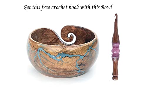 Rosewood Epoxy Resin Yarn Bowl for Multilple Uses - Lichtenberg Figure Yarn Bowl for Knitting and Crochet Holder/Yarn Storage Bowl (7"x4") (Sky-Blue)