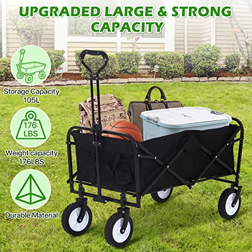 HKLGorg Folding Collapsible Wagon Cart with Wheels Heavy Duty Beach Wagon Outdoor Grocery Wagon Cart Portable Folding Utility Wagon Cart with Handle for Camping, Outdoor, Black