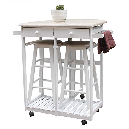 ACLULION 3 Piece Drop Leaf Dining Tables for Small Spaces, Small Rolling Dining Table Set for 2 with 2 Drawers, Space Saving Dining Table with 2 Chairs and Handle for Kitchen and Dining Room (White)