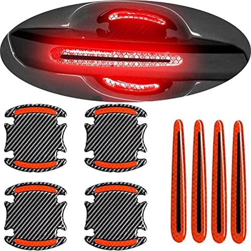 8PCS Car Door Handle Sticker 3D Carbon Fiber Anti Scratches Protective Films Universal Auto Door Handle Scratch Cover Guard Car Outdoor Safety Decoration Reflective Strip (Red)