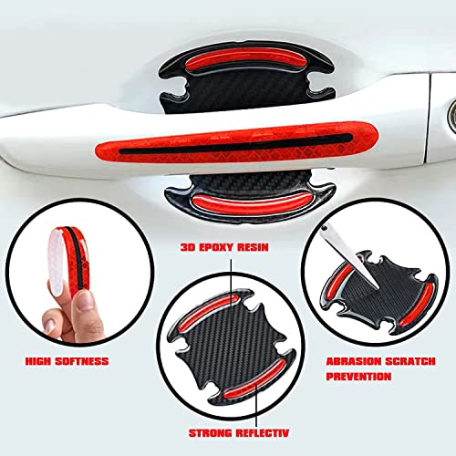 8PCS Car Door Handle Sticker 3D Carbon Fiber Anti Scratches Protective Films Universal Auto Door Handle Scratch Cover Guard Car Outdoor Safety Decoration Reflective Strip (Red)