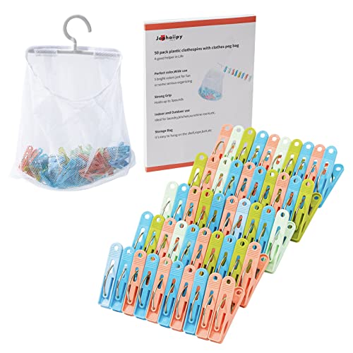 Jophaiipy Plastic Clothes Pins Heavy Duty Outdoor,Colored Clothes Pins with Mesh Clothespin Bag,50-Pack Clothes Pins and Bag Heavy Duty for Laundry Clips