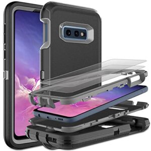 hong-amy galaxy s10e case: 3-in-1 shockproof heavy duty protection, 2 nano explosion-proof films, black/grey