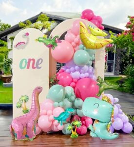 pink dino balloon garland arch kit with pastel pink purple teal and foil dinosaur balloon for dinosaur theme party decorations for girl