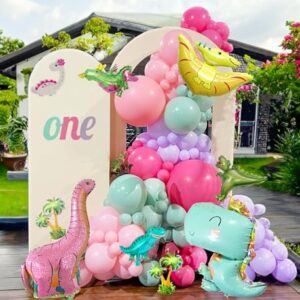 Pink Dino Balloon garland arch kit with Pastel Pink Purple Teal and Foil Dinosaur balloon for dinosaur Theme Party Decorations for Girl