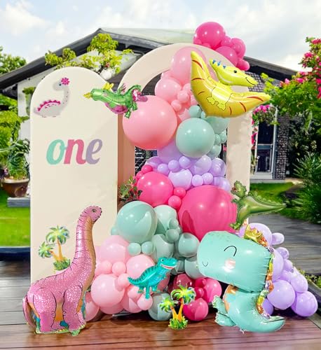 Pink Dino Balloon garland arch kit with Pastel Pink Purple Teal and Foil Dinosaur balloon for dinosaur Theme Party Decorations for Girl