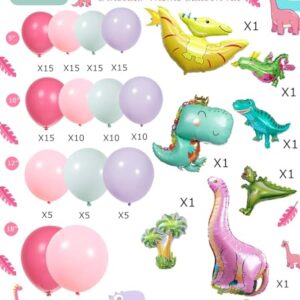 Pink Dino Balloon garland arch kit with Pastel Pink Purple Teal and Foil Dinosaur balloon for dinosaur Theme Party Decorations for Girl