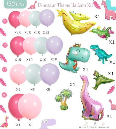 Pink Dino Balloon garland arch kit with Pastel Pink Purple Teal and Foil Dinosaur balloon for dinosaur Theme Party Decorations for Girl