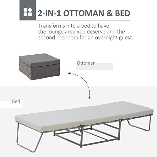 HOMCOM 2-in-1 Convertible Guest Sleeper Bed, Foldable Ottoman with Thick Padded Foam for Small Room, Living Room, Gray