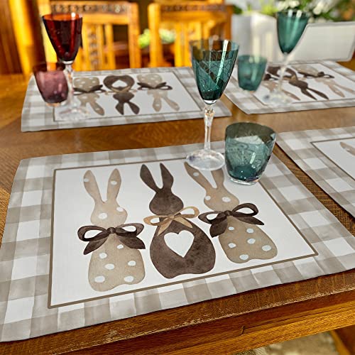 ARKENY Easter Bunny Rabbit Placemats 12x18 Inches Set of 4,Seasonal Burlap Beige Check Farmhouse Indoor Kitchen Dining Table Decoration for Home Party