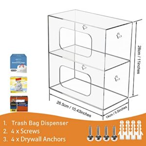 SEANADO Trash Bag Dispenser Roll Holder, 2 Compartment Wall Mount Acrylic Kitchen Double Side Loaded Organizer Storage Box Holder for Garbage Bag Grocery Bag Plastic Bag(10.4 x 5.5 x 11inches)