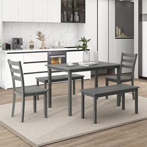 nckmyb 5 piece dining set, rectangular dining table with 2 chairs and 2 benches, rustic wooden dining set for kitchen dining room restaurant (grey)