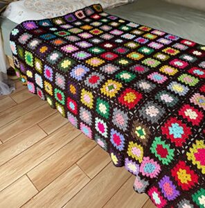 riseon handmade granny square crochet throw blanket sweater style mat, crochet quilt, multicolor boho travel accent decor throw for sofa comforter couch bed recliner living room bedroom (dark brown)