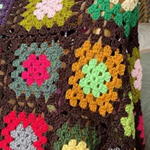 RISEON Handmade Granny Square Crochet Throw Blanket Sweater Style Mat, Crochet Quilt, Multicolor Boho Travel Accent Decor Throw for Sofa Comforter Couch Bed Recliner Living Room Bedroom (Dark Brown)