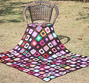 RISEON Handmade Granny Square Crochet Throw Blanket Sweater Style Mat, Crochet Quilt, Multicolor Boho Travel Accent Decor Throw for Sofa Comforter Couch Bed Recliner Living Room Bedroom (Dark Brown)