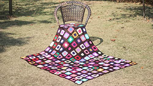 RISEON Handmade Granny Square Crochet Throw Blanket Sweater Style Mat, Crochet Quilt, Multicolor Boho Travel Accent Decor Throw for Sofa Comforter Couch Bed Recliner Living Room Bedroom (Dark Brown)