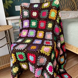 RISEON Handmade Granny Square Crochet Throw Blanket Sweater Style Mat, Crochet Quilt, Multicolor Boho Travel Accent Decor Throw for Sofa Comforter Couch Bed Recliner Living Room Bedroom (Dark Brown)