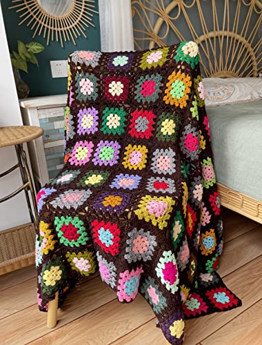 RISEON Handmade Granny Square Crochet Throw Blanket Sweater Style Mat, Crochet Quilt, Multicolor Boho Travel Accent Decor Throw for Sofa Comforter Couch Bed Recliner Living Room Bedroom (Dark Brown)