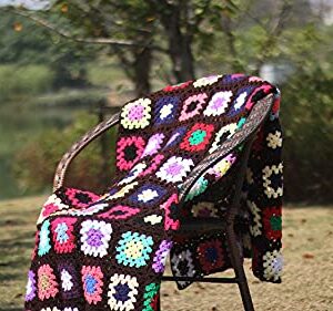 RISEON Handmade Granny Square Crochet Throw Blanket Sweater Style Mat, Crochet Quilt, Multicolor Boho Travel Accent Decor Throw for Sofa Comforter Couch Bed Recliner Living Room Bedroom (Dark Brown)