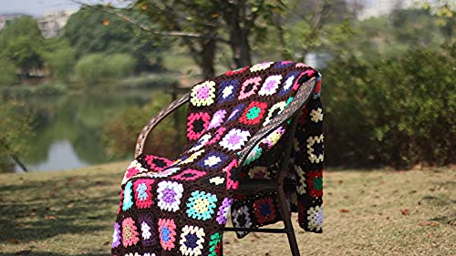 RISEON Handmade Granny Square Crochet Throw Blanket Sweater Style Mat, Crochet Quilt, Multicolor Boho Travel Accent Decor Throw for Sofa Comforter Couch Bed Recliner Living Room Bedroom (Dark Brown)