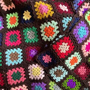 RISEON Handmade Granny Square Crochet Throw Blanket Sweater Style Mat, Crochet Quilt, Multicolor Boho Travel Accent Decor Throw for Sofa Comforter Couch Bed Recliner Living Room Bedroom (Dark Brown)