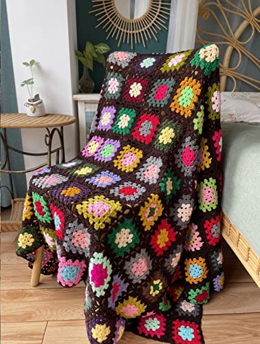 RISEON Handmade Granny Square Crochet Throw Blanket Sweater Style Mat, Crochet Quilt, Multicolor Boho Travel Accent Decor Throw for Sofa Comforter Couch Bed Recliner Living Room Bedroom (Dark Brown)