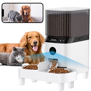 automatic cat feeders with camera,1080p hd night vision 2.4g wifi 5l pet feeder,height adjustable dog dry food dispenser,two way splitter & three stainless bowls,10s meal call & interaction (white)