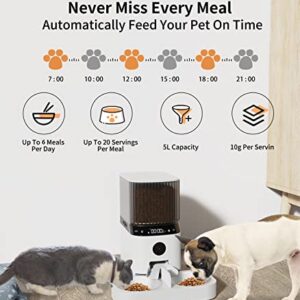 Automatic Cat Feeders with Camera,1080P HD Night Vision 2.4G WiFi 5L Pet Feeder,Height Adjustable Dog Dry Food Dispenser,Two Way Splitter & Three Stainless Bowls,10s Meal Call & Interaction (White)