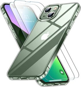 spidercase designed for iphone 13 case/iphone 14 case, [crystal clear not yellowing][with 2 pcs tempered glass screen protectors] slim thin case for iphone 13/14 (clear)