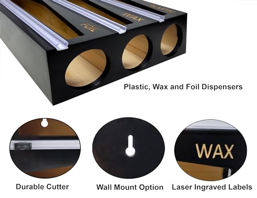 BAMBOO HEAVEN Wooden Ziplock Bag Organizer with Foil and Plastic Wrap Organizer with Cutter and Labels - Black Bamboo | Wax Paper, Plastic Wrap & Aluminum Foil Roll Dispenser with Slide Cutter