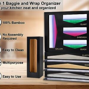 BAMBOO HEAVEN Wooden Ziplock Bag Organizer with Foil and Plastic Wrap Organizer with Cutter and Labels - Black Bamboo | Wax Paper, Plastic Wrap & Aluminum Foil Roll Dispenser with Slide Cutter