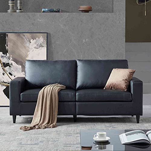 DNYN Modern PU Leather Sofa, Upholstered 3-Seater Couch w/Solid Frame and Wood Legs for Home or Office, Black