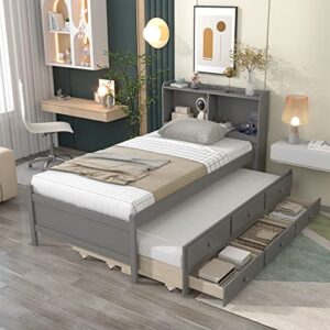 homsof twin bed with twin trundle,with bookcase and 3 drawers,grey