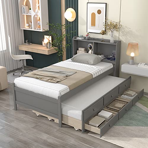 HomSof Twin Bed with Twin Trundle,with Bookcase and 3 Drawers,Grey