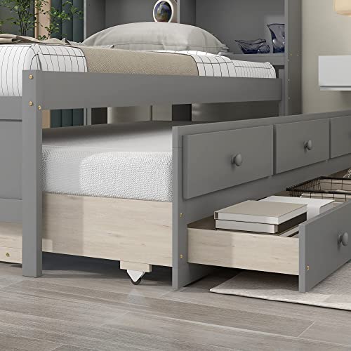 HomSof Twin Bed with Twin Trundle,with Bookcase and 3 Drawers,Grey