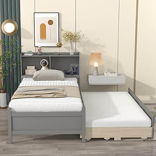 HomSof Twin Bed with Twin Trundle,with Bookcase and 3 Drawers,Grey