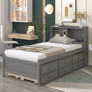 HomSof Twin Bed with Twin Trundle,with Bookcase and 3 Drawers,Grey