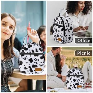 Joymee Lunch Box Insulated Lunch Bag Women Men Reusable Cooler Bag Adult Cute Lunch Tote Bags Organizer with Front Zipper Pocket,Adjustable Shoulder Strap for Work Office Picnic Travel,Cow Print White