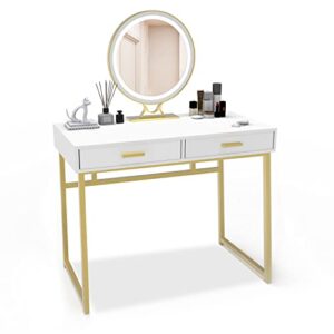 ntreasy vanity desk with 2 drawers, 39 inch modern home office computer desk, makeup dressing writing desks with storage for study bedroom (white and gold)