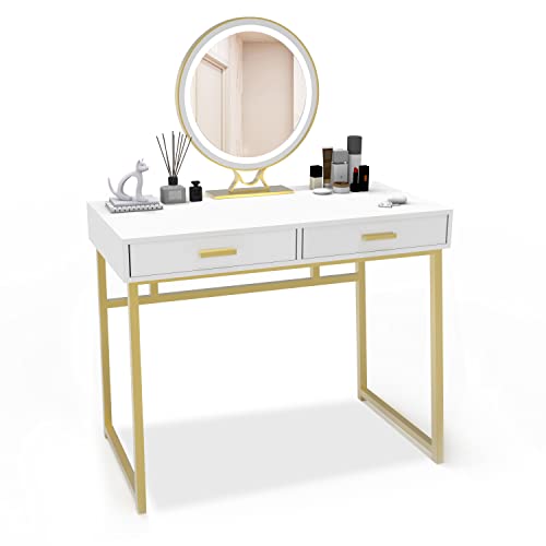 NTReasy Vanity Desk with 2 Drawers, 39 inch Modern Home Office Computer Desk, Makeup Dressing Writing Desks with Storage for Study Bedroom (White and Gold)