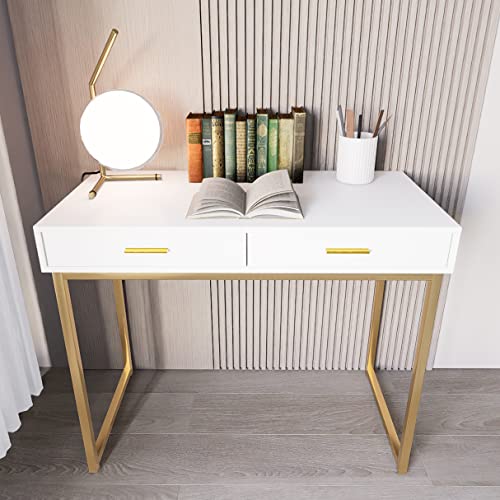 NTReasy Vanity Desk with 2 Drawers, 39 inch Modern Home Office Computer Desk, Makeup Dressing Writing Desks with Storage for Study Bedroom (White and Gold)