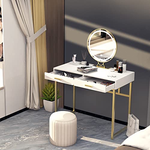 NTReasy Vanity Desk with 2 Drawers, 39 inch Modern Home Office Computer Desk, Makeup Dressing Writing Desks with Storage for Study Bedroom (White and Gold)