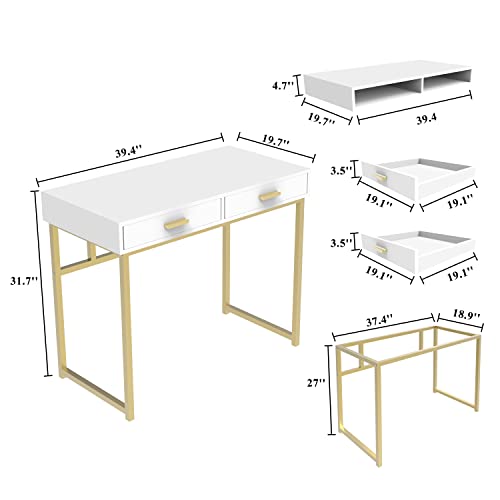 NTReasy Vanity Desk with 2 Drawers, 39 inch Modern Home Office Computer Desk, Makeup Dressing Writing Desks with Storage for Study Bedroom (White and Gold)