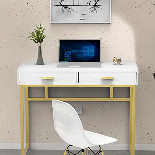 NTReasy Vanity Desk with 2 Drawers, 39 inch Modern Home Office Computer Desk, Makeup Dressing Writing Desks with Storage for Study Bedroom (White and Gold)