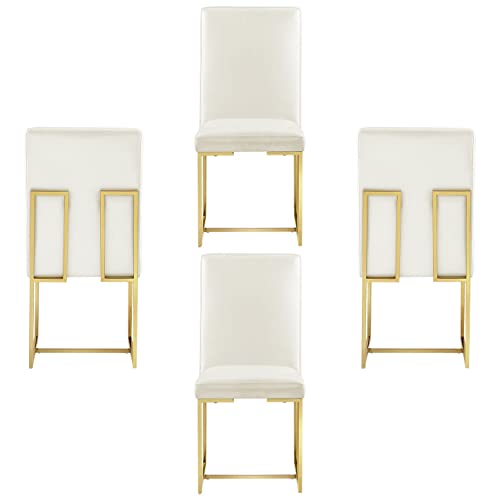 AZhome White Faux Leather Dining Chairs, Upholstered Dining Room Chairs Set of 4, Polished Gold Stainless Steel Legs