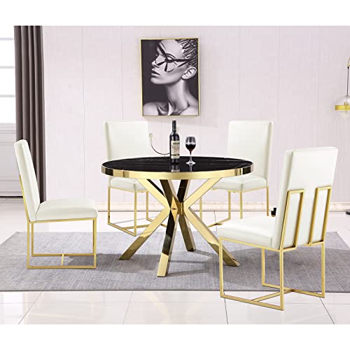 AZhome White Faux Leather Dining Chairs, Upholstered Dining Room Chairs Set of 4, Polished Gold Stainless Steel Legs