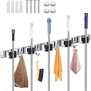 zollyss broom mop holder wall mount stainless steel wall mounted storage organizer heavy duty tools hanger with 5 racks 4 hooks for kitchen bathroom closet garage office garden-1pc