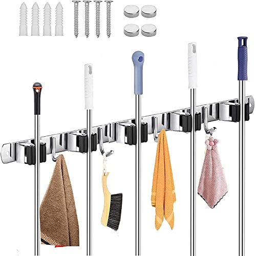 Zollyss Broom Mop Holder Wall Mount Stainless Steel Wall Mounted Storage Organizer Heavy Duty Tools Hanger with 5 Racks 4 Hooks for Kitchen Bathroom Closet Garage Office Garden-1Pc