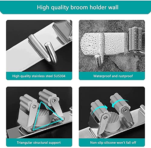 Zollyss Broom Mop Holder Wall Mount Stainless Steel Wall Mounted Storage Organizer Heavy Duty Tools Hanger with 5 Racks 4 Hooks for Kitchen Bathroom Closet Garage Office Garden-1Pc