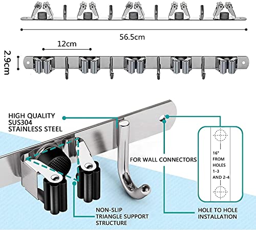 Zollyss Broom Mop Holder Wall Mount Stainless Steel Wall Mounted Storage Organizer Heavy Duty Tools Hanger with 5 Racks 4 Hooks for Kitchen Bathroom Closet Garage Office Garden-1Pc